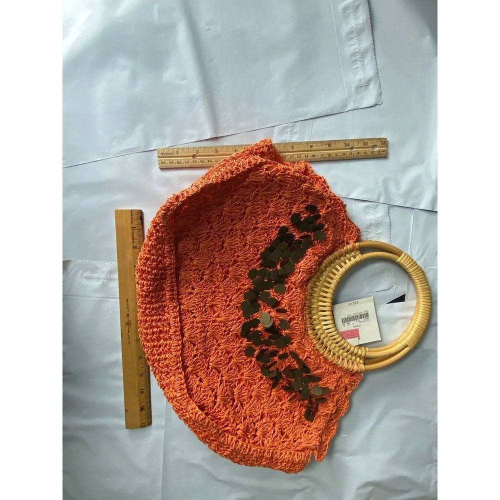 Straw Tote Bag Orange‎ Woven Bamboo Handles